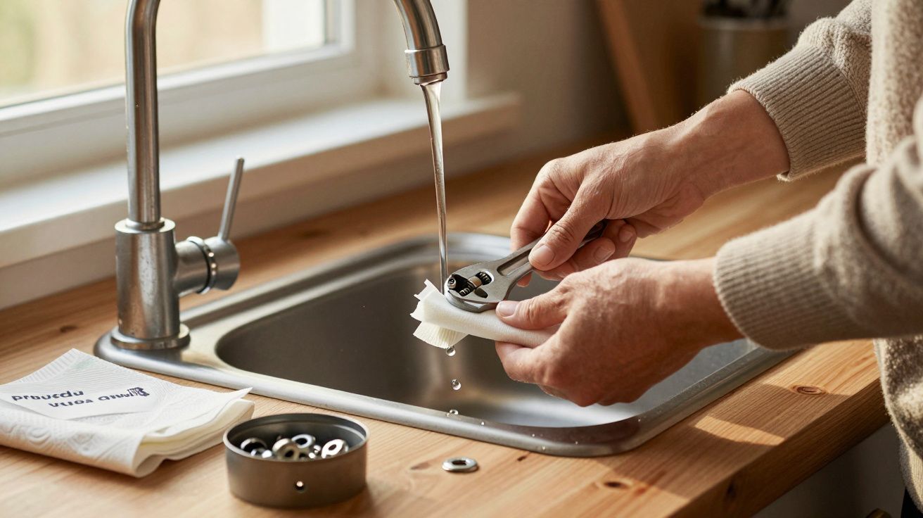 Manos limpiando un filtro de grifo bajo agua corriente en una cocina iluminada.