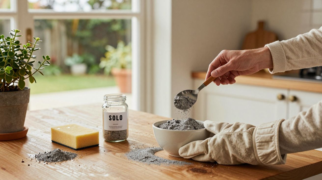 Mano usando cuchara para sacar polvo de un bol en la cocina, con frasco de producto y planta en la mesa.