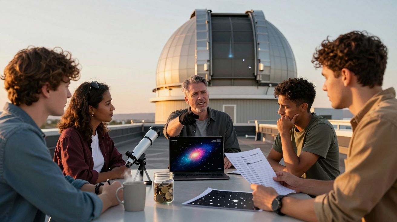 Grupo de personas discutiendo astronomía en una terraza con telescopio, portátil y documentos. Observatorio al fondo.