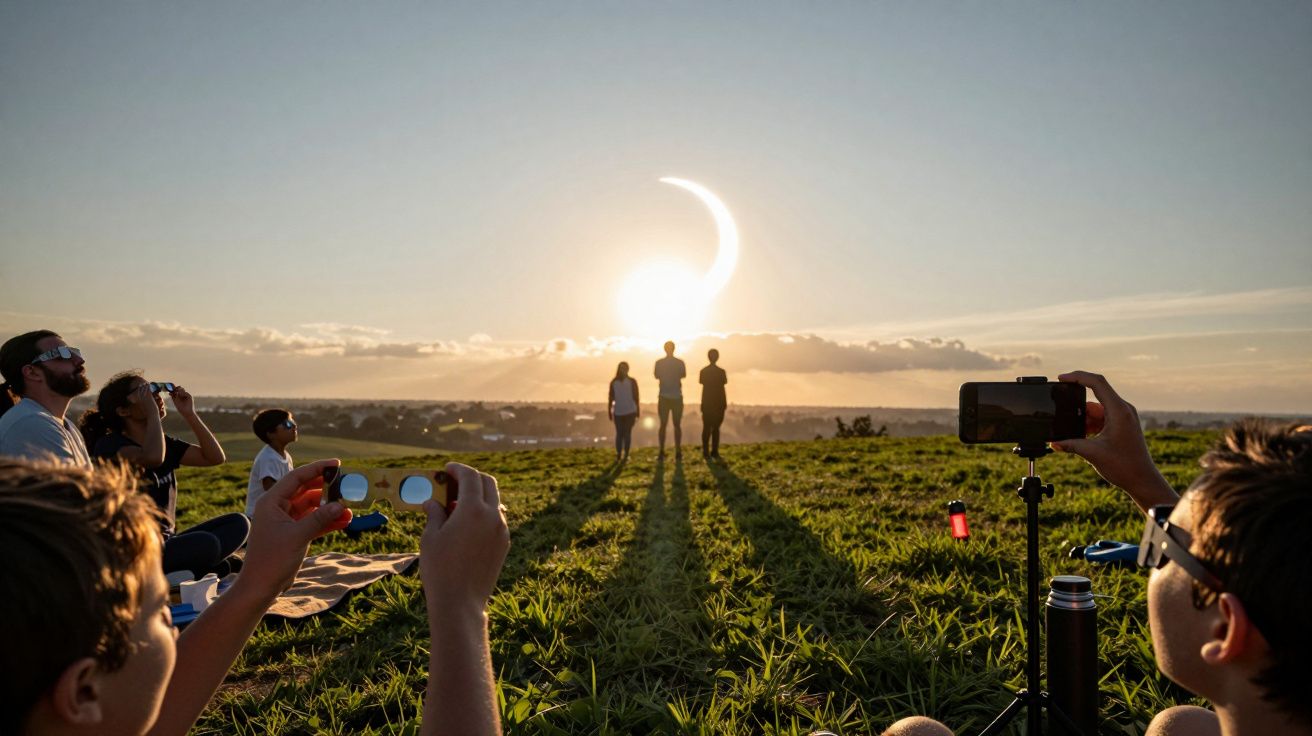 Personas observando un eclipse solar parcial en un campo, algunas usando gafas y otras tomando fotos con móviles.