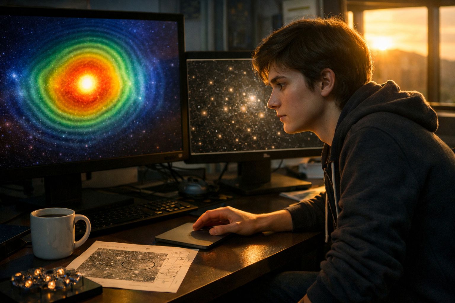 Persona trabajando en una tableta con imagen de galaxia en pantalla de ordenador, taza y notas en el escritorio.