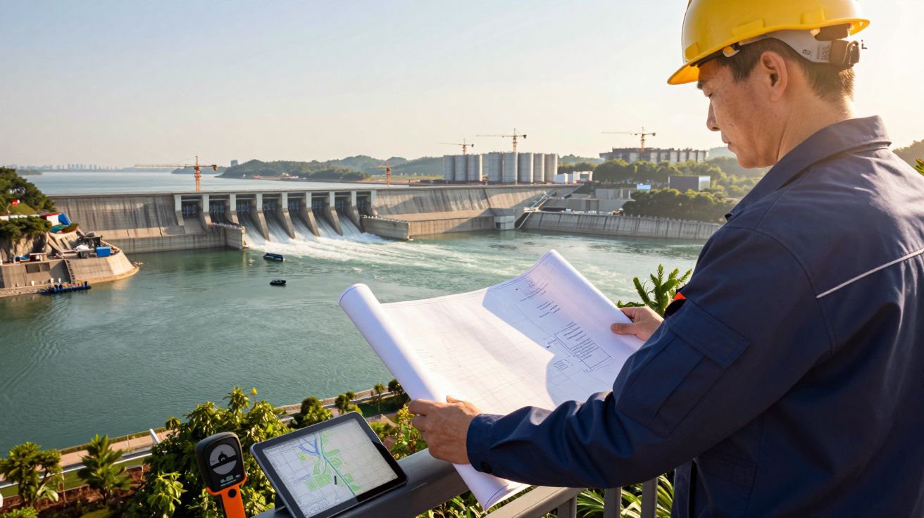 Ingeniero con casco revisa planos frente a una presa hidroeléctrica en funcionamiento bajo un cielo despejado.
