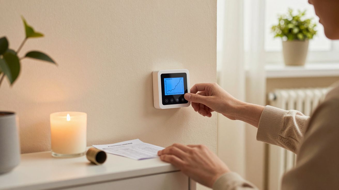 Persona ajustando un termostato digital en la pared, con una vela encendida y una planta cerca.