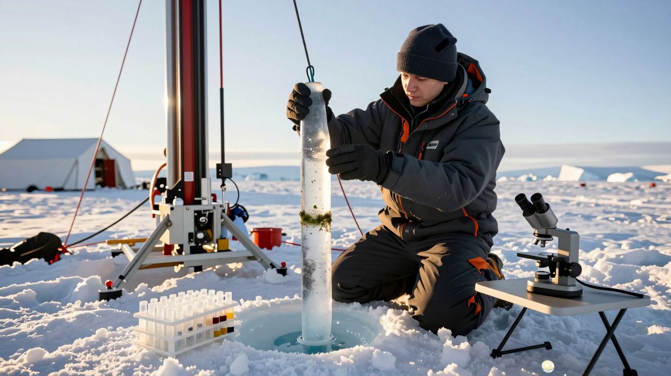 Científico examinando un núcleo de hielo en una expedición polar, rodeado de equipo de investigación en la nieve.