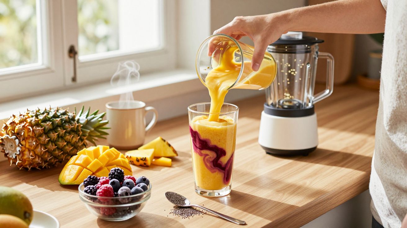Persona vertiendo batido amarillo en un vaso en una cocina, rodeado de frutas frescas como mango, piña y bayas.