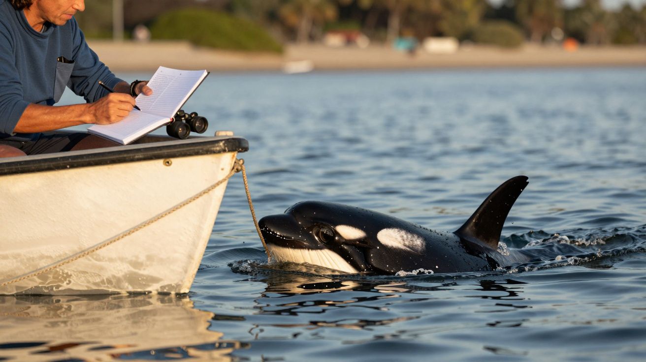 Persona en bote escribiendo mientras observa una orca emergiendo del agua cerca de la costa.