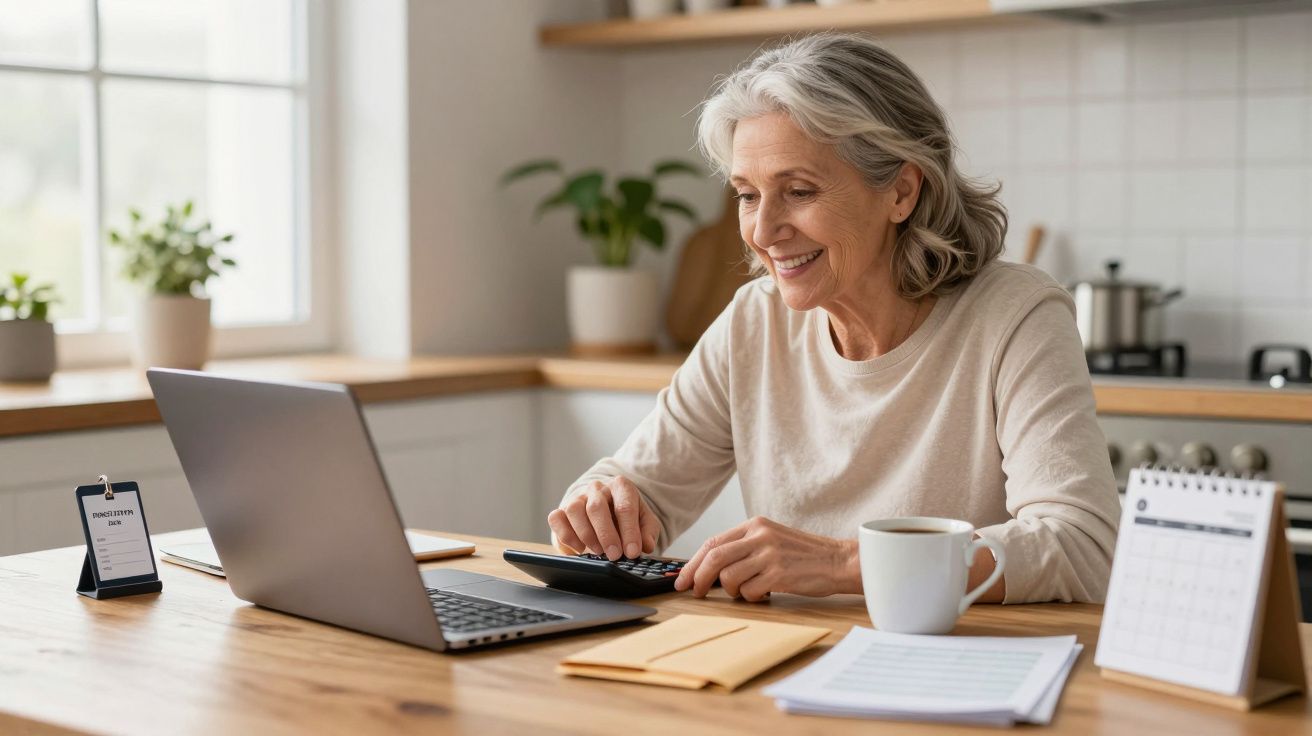 Mujer mayor usando portátil y calculadora en la cocina, rodeada de plantas y documentos, con una taza de café.