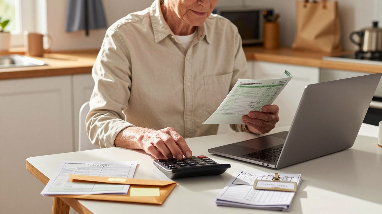 Persona mayor revisando documentos financieros con calculadora y portátil en la mesa de su cocina luminosa.