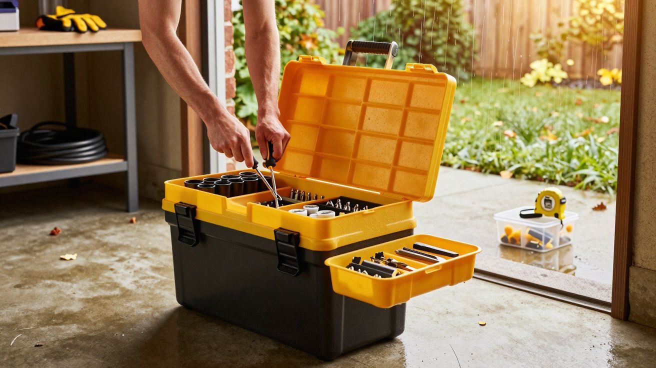 Persona usando un destornillador junto a una caja de herramientas abierta en un taller. Afuera, césped mojado por la lluvia.