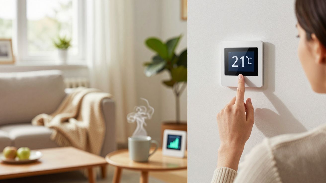 Persona ajustando un termostato a 21°C en una sala de estar moderna y luminosa.