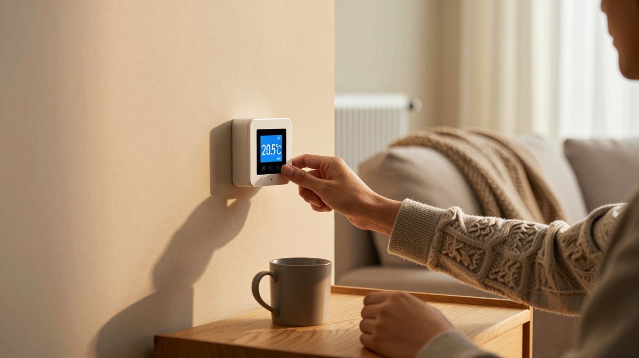 Persona ajustando un termostato digital en la pared de una sala de estar, con una taza en la mesa cercana.