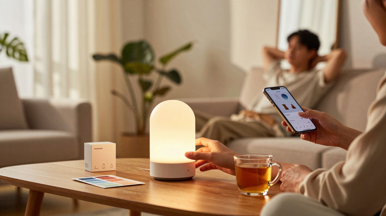 Persona ajustando lámpara inteligente desde el móvil en salón acogedor, mientras alguien se relaja en el fondo.