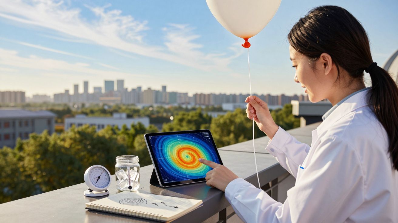 Científica en azotea analiza datos de huracán en tablet, sostiene globo meteorológico, ciudad al fondo.
