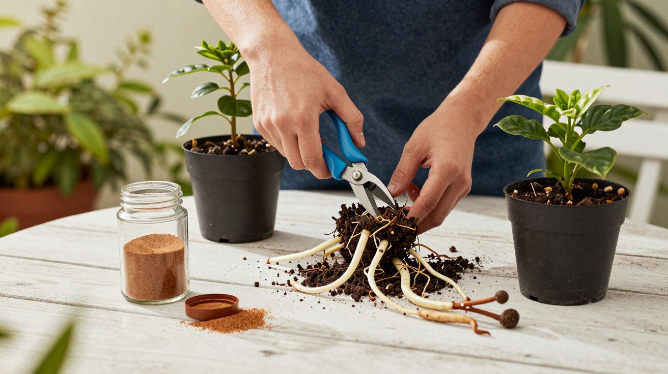 Persona podando raíces de planta en maceta, sobre mesa blanca con tierra y frasco de abono al lado.