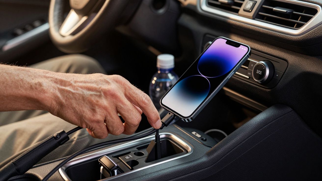 Mano conectando cable de carga a un teléfono móvil en el interior de un coche. Fondo con botella de agua.