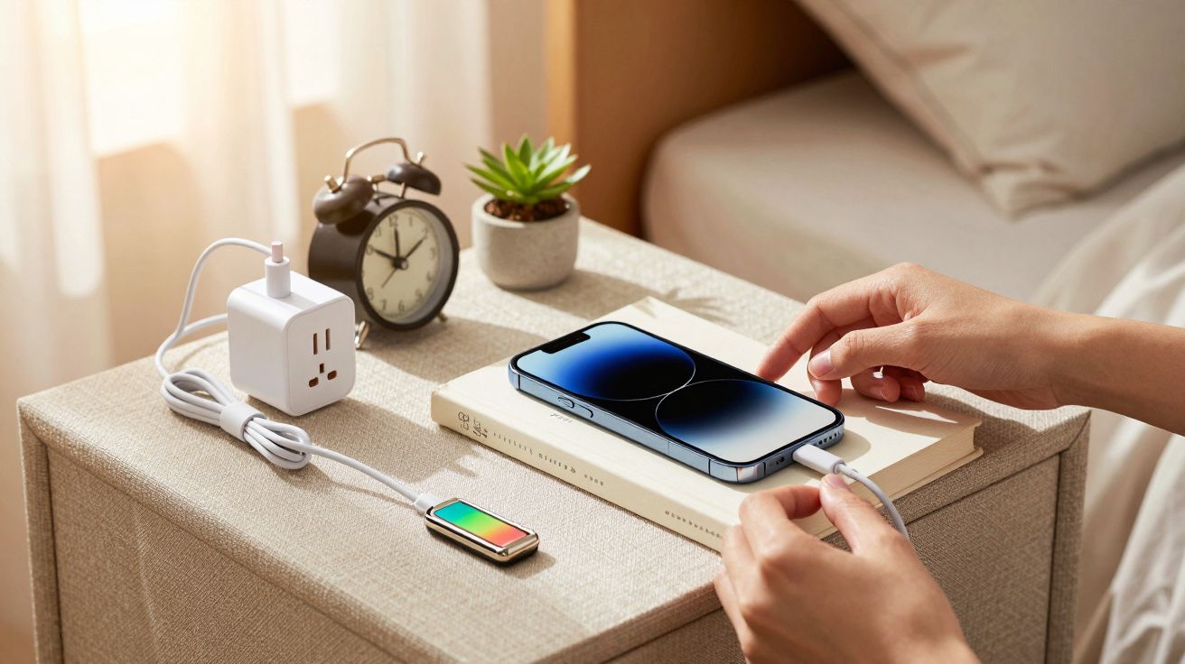 Manos conectando un teléfono a un cargador en una mesita con reloj, planta y libro.