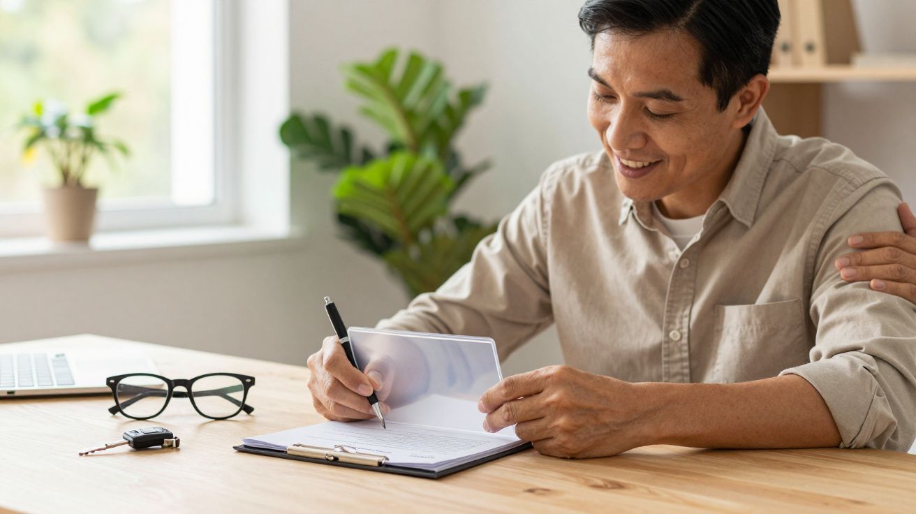 Hombre sonriente firmando documentos en una mesa de madera, junto a un portátil, gafas y llaves, con planta al fondo.