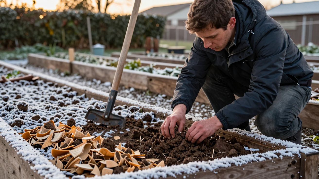 Hombre plantando en un huerto elevado con una pala cerca, rodeado de nieve y fragmentos de cerámica en la tierra.