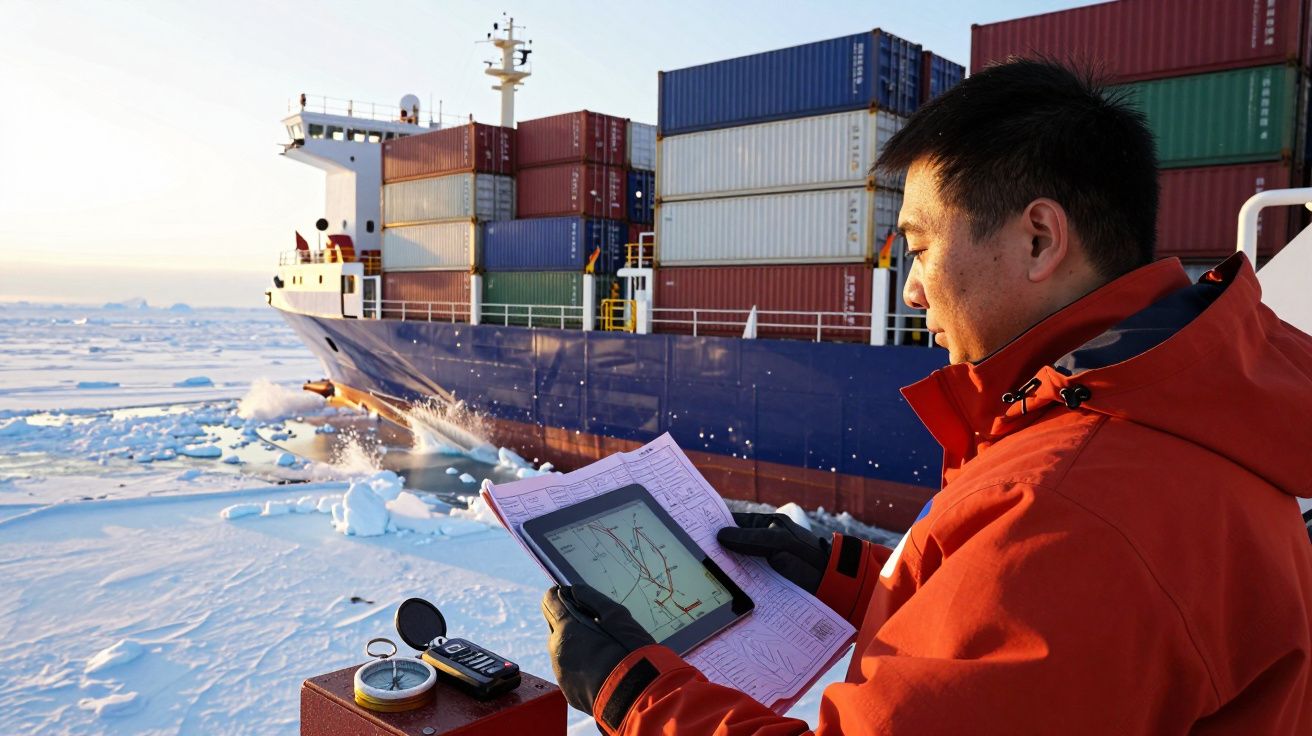 Persona revisando mapa digital junto a buque portacontenedores en un entorno helado, con brújula y telémetro sobre la mesa.
