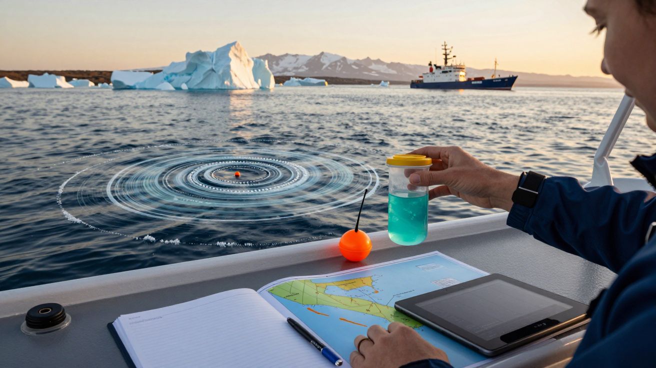 Persona analizando agua ártica en un bote, con mapa y tableta, cerca de iceberg y barco al fondo.