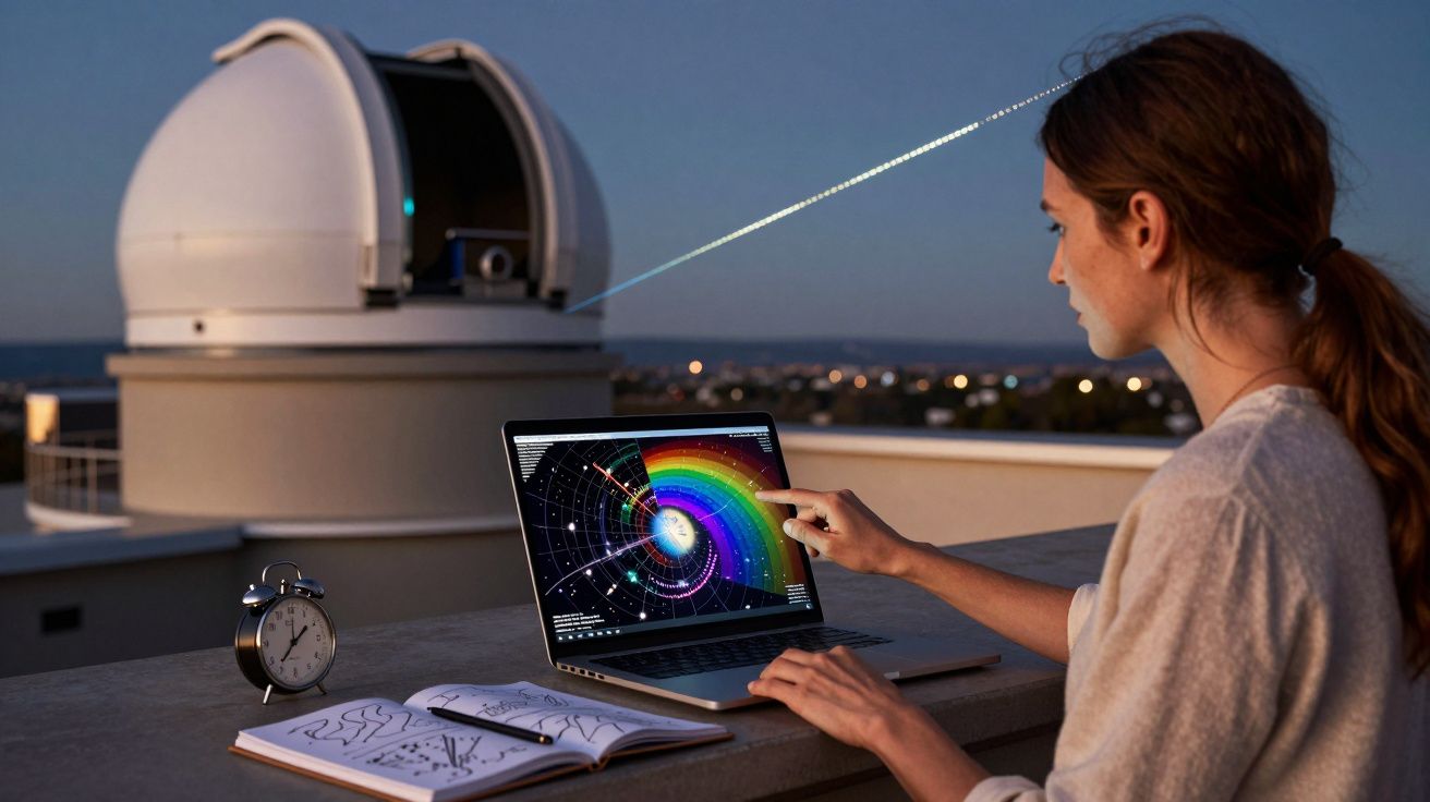 Persona observando datos astronómicos en un portátil frente a un observatorio al anochecer.