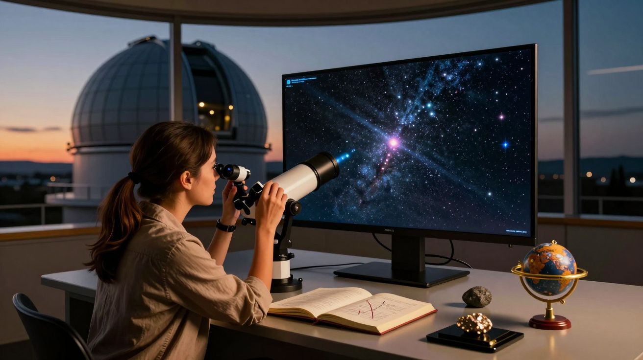 Mujer observando las estrellas con telescopio, pantalla mostrando galaxia, globo terráqueo y libro abierto en escritorio.