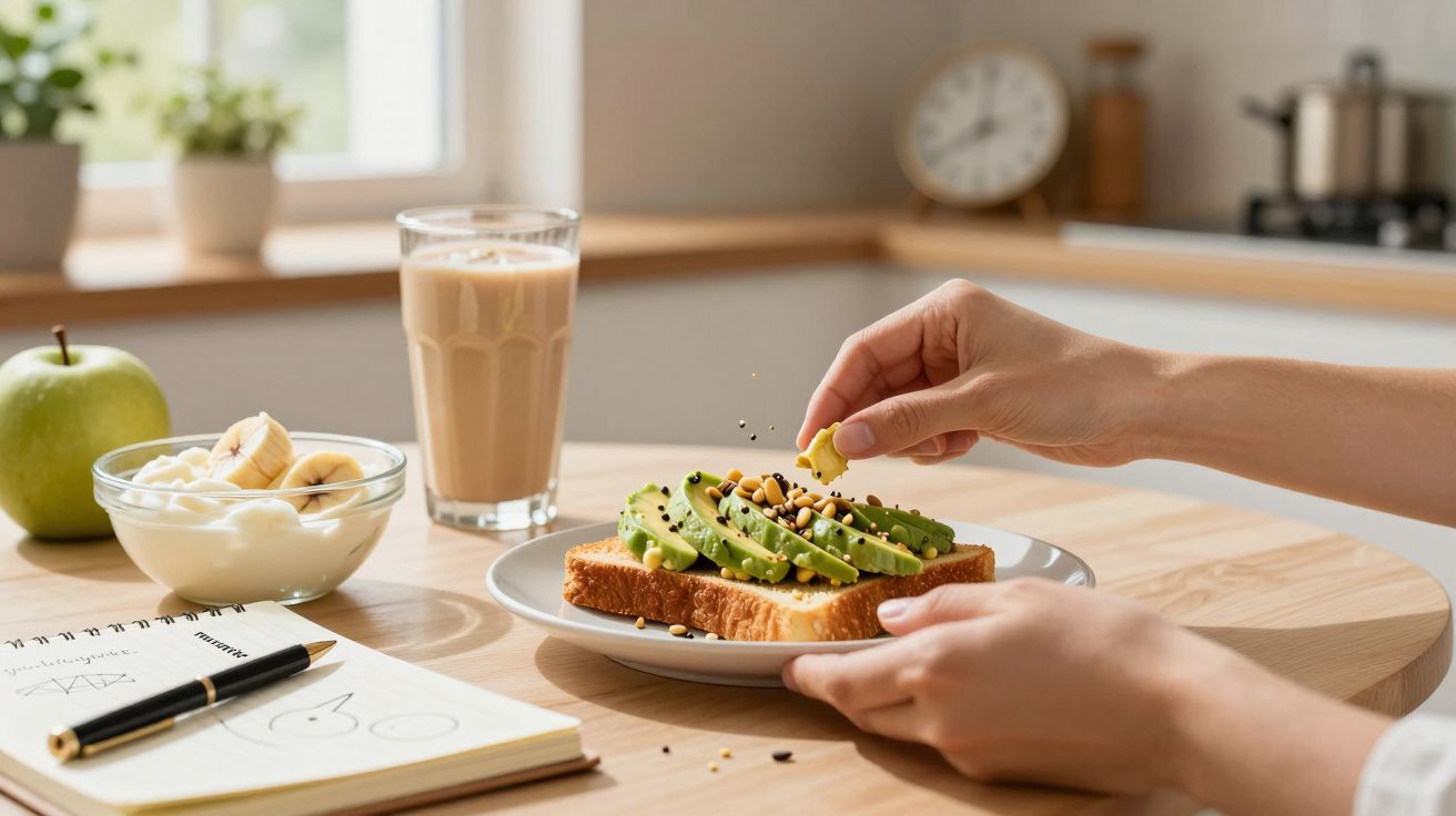 Mano decorando tostada con aguacate y semillas. Al lado, batido, manzana, cuenco con plátano y cuaderno en mesa de cocina.