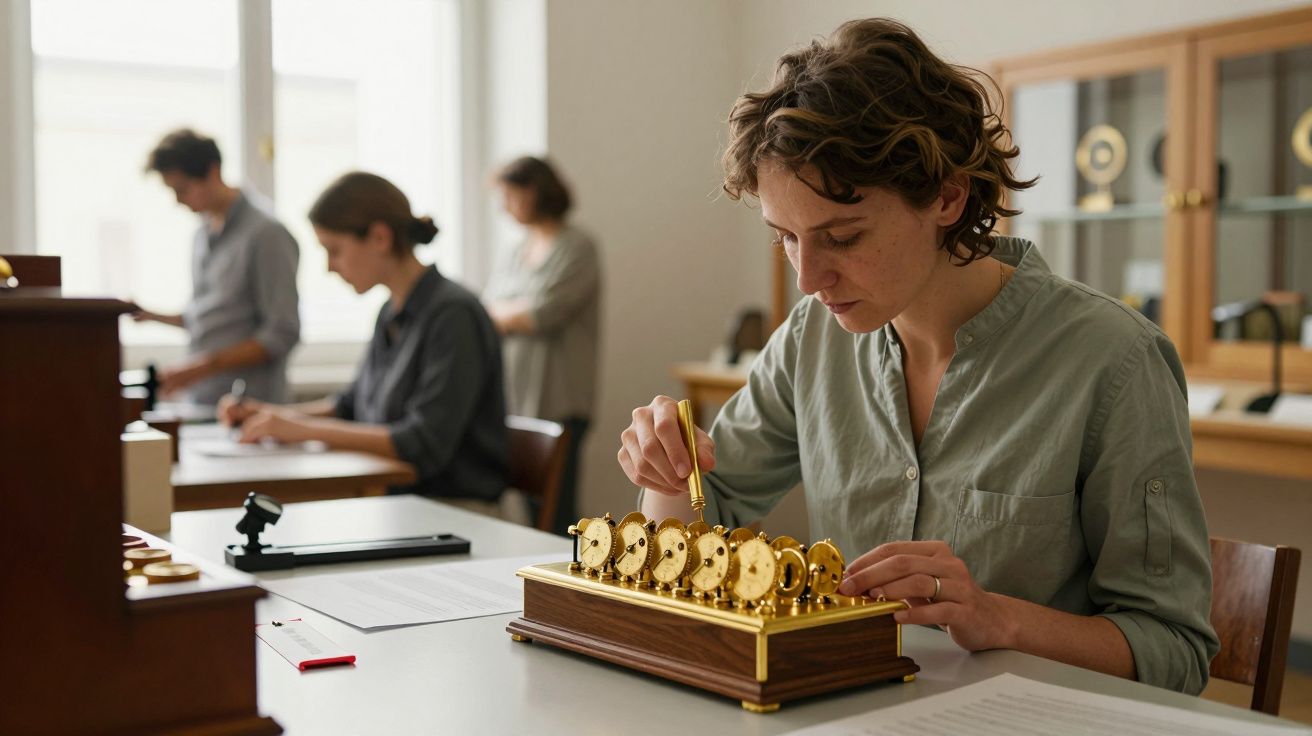 Mujer trabajando en una máquina antigua de engranajes dorados en una sala iluminada, con más personas al fondo.