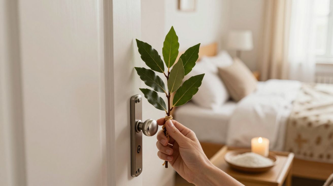 Mano sujetando hojas de laurel en un pomo, con una habitación acogedora de fondo.