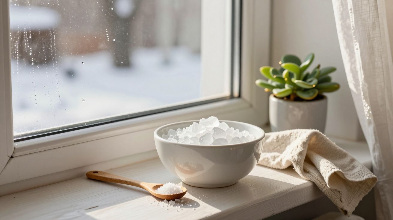 Bol de hielo y cuchara de madera en el alféizar, junto a planta en maceta y paño, con ventana y vista invernal al fondo.