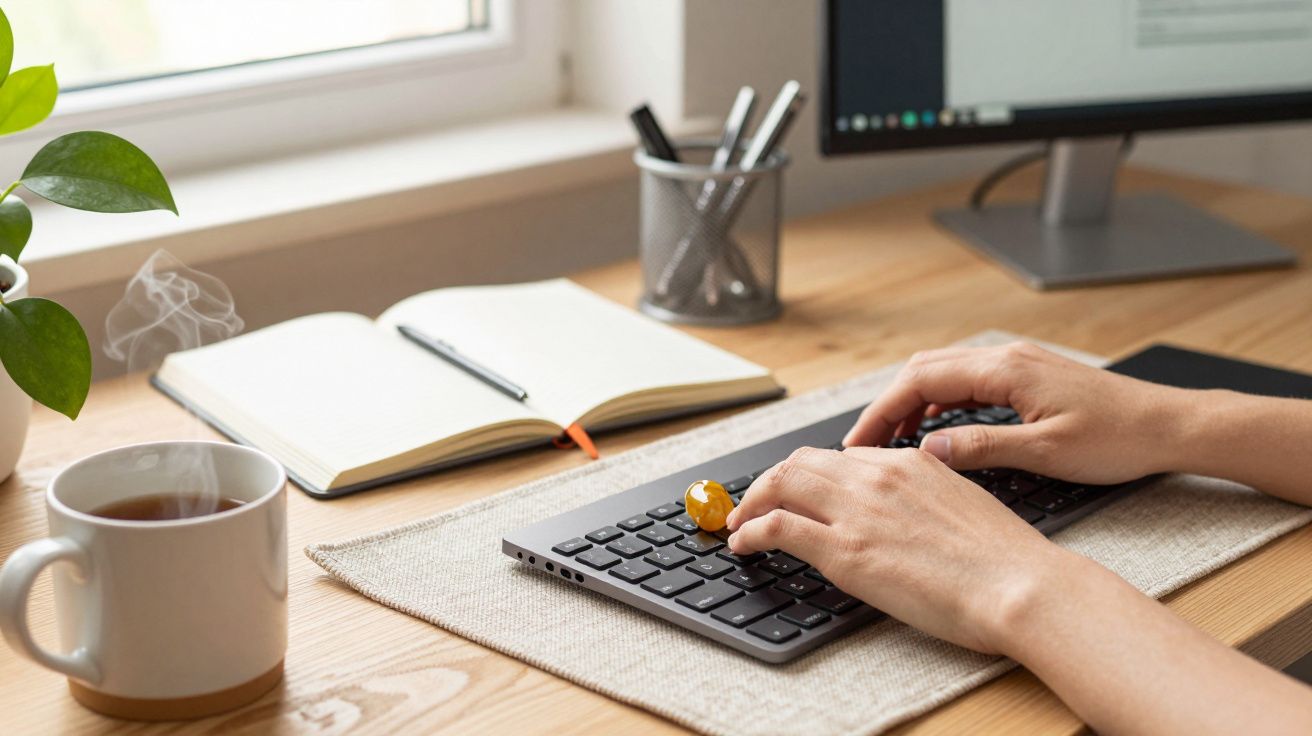 Manos escribiendo en un teclado sobre un escritorio con taza de café, libreta abierta, planta y monitor.