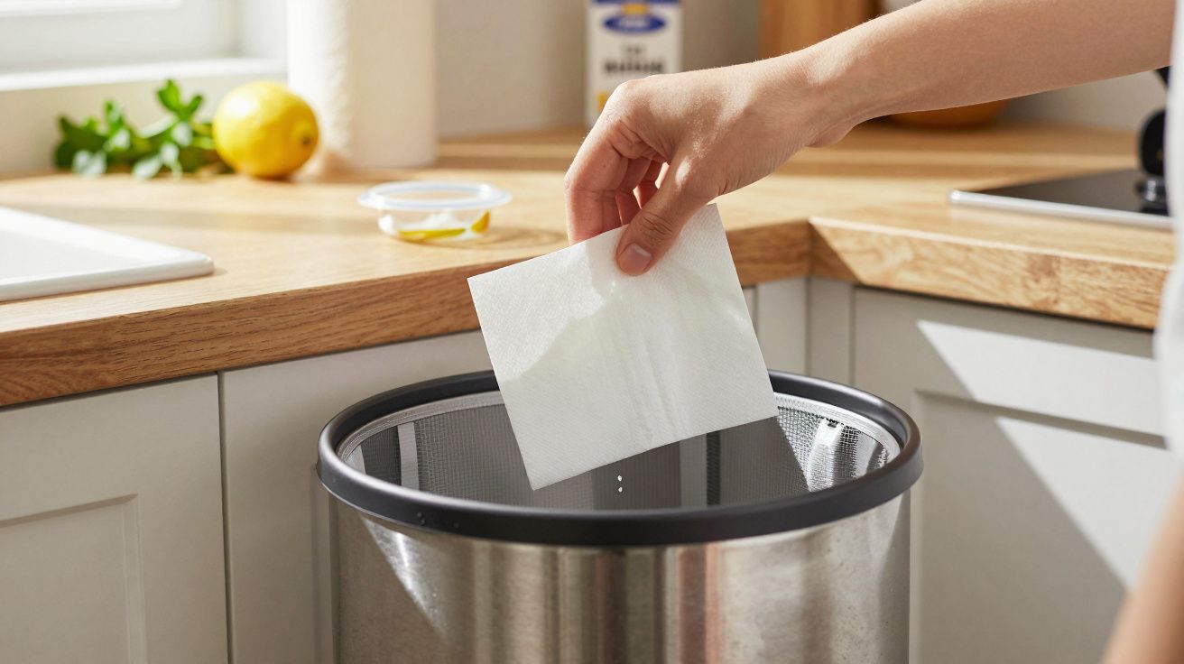 Mano tirando una servilleta de papel a una papelera de acero inoxidable en una cocina iluminada por la luz solar.