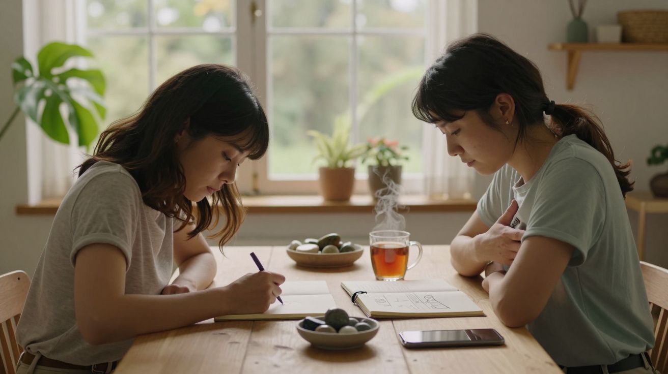 Dos mujeres concentradas escribiendo en una mesa de madera con té humeante y una ventana al fondo.