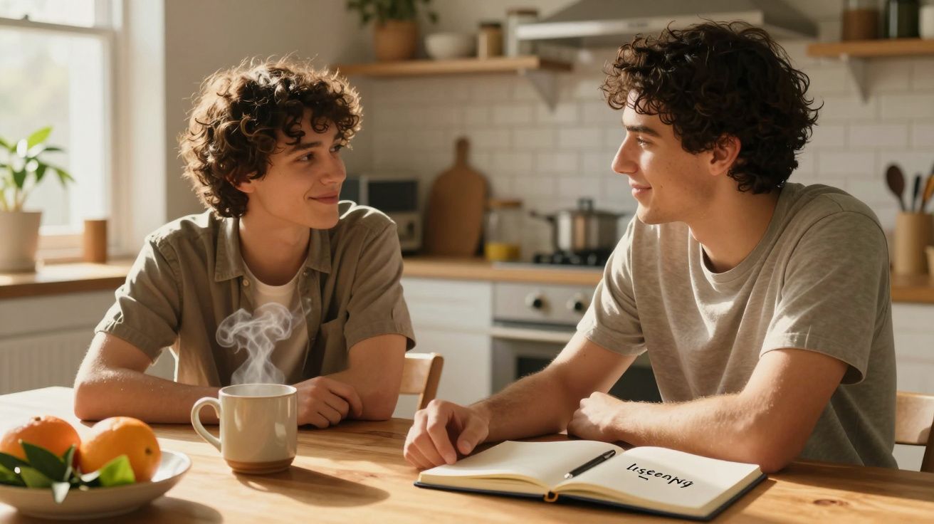Dos jóvenes conversan en una cocina, uno con una libreta abierta y el otro con una taza humeante. Frutas en la mesa.