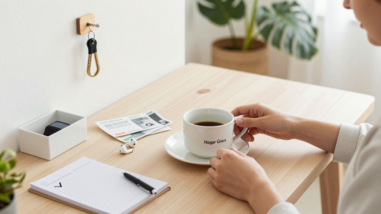 Persona sosteniendo taza de café en mesa de madera, junto a bloc de notas, bolígrafo y llaves colgadas en la pared.