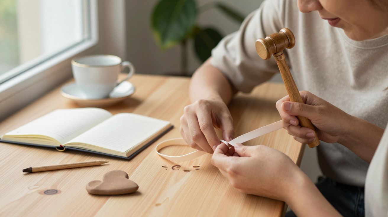 Persona trabajando con herramientas de cuero en una mesa de madera, con una taza de café y una libreta al fondo.