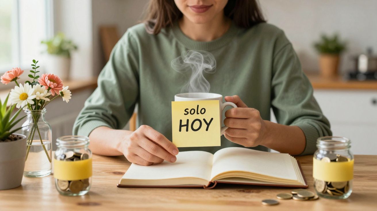 Mujer con suéter verde sostiene taza con "solo HOY" junto a libro abierto en mesa, rodeada de jarrones y monedas.
