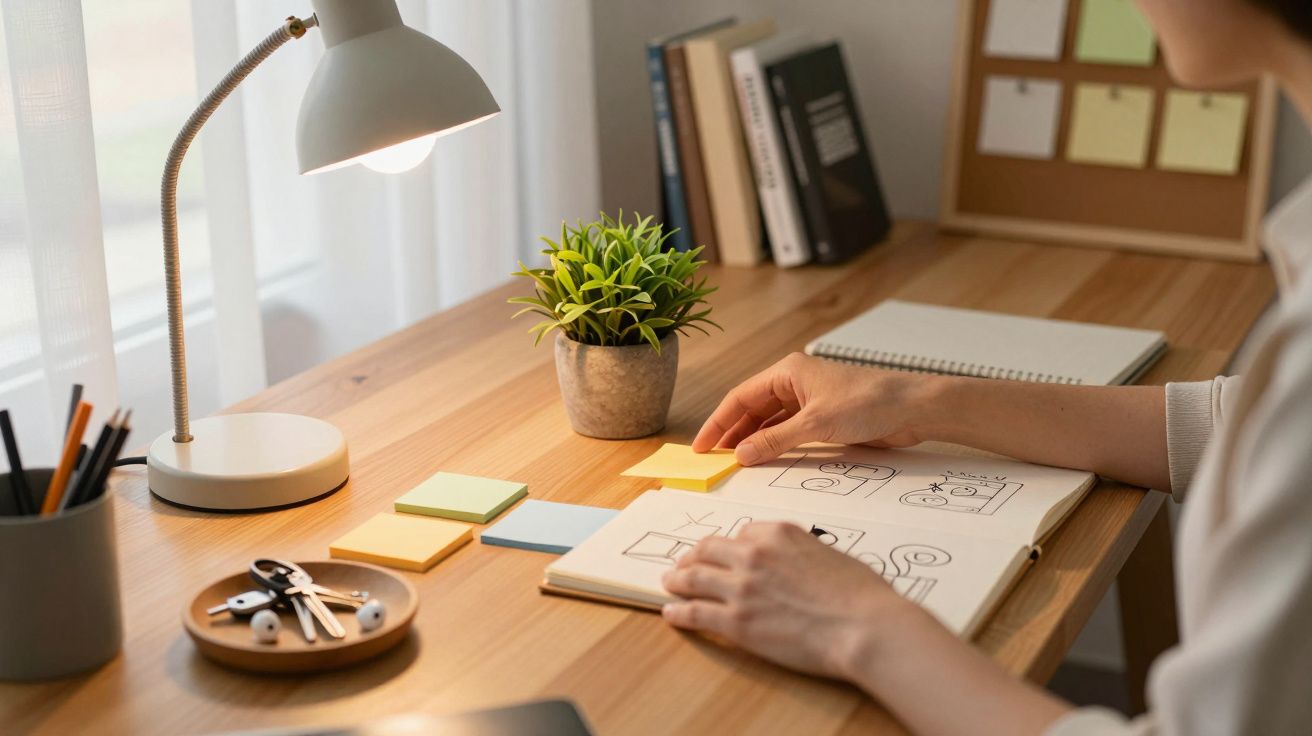 Persona escribiendo en cuaderno sobre escritorio con luz, planta y post-its.