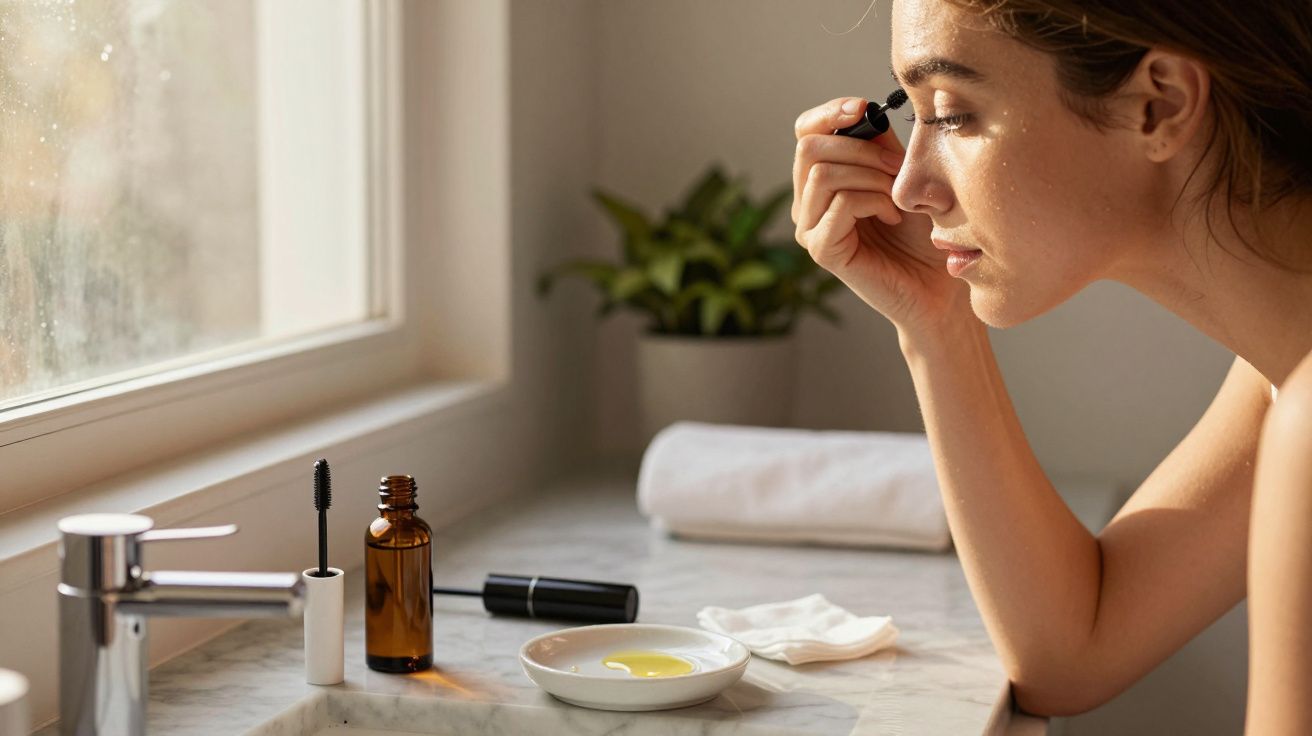 Mujer aplicando sérum facial en el baño, con luz natural, cerca de productos de belleza y una planta.