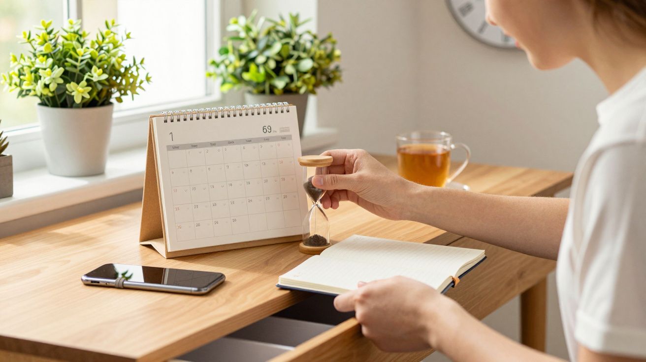 Persona sentada en un escritorio de madera con un calendario, móvil, reloj de arena y una taza de té.