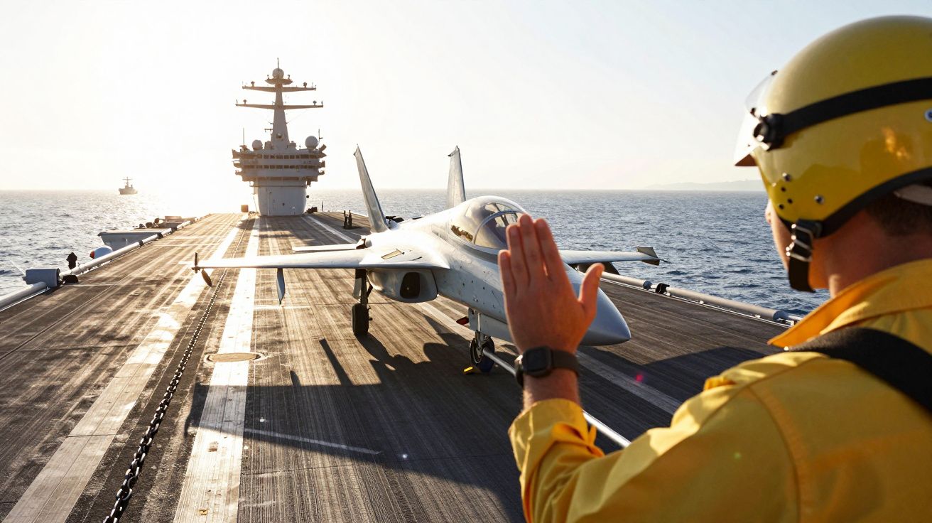 Trabajador guía a un caza en la cubierta de un portaaviones al atardecer en el mar.
