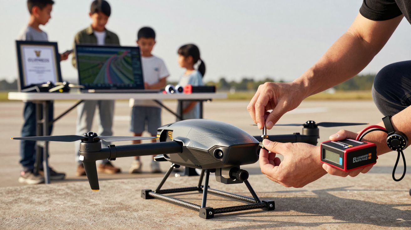 Persona ajustando un dron con herramientas, mientras niños observan junto a una mesa con portátil y pantalla.