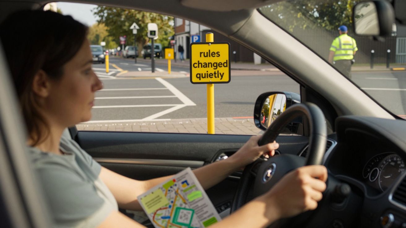Mujer conduciendo con un mapa en la mano, señal amarilla de tráfico indica "rules changed quietly" al fondo.