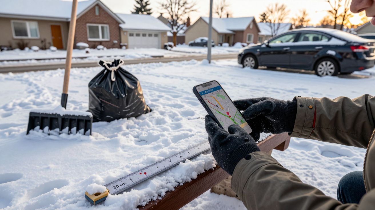 Persona mide nieve con regla y consulta mapa en móvil; pala y bolsa de basura en fondo.