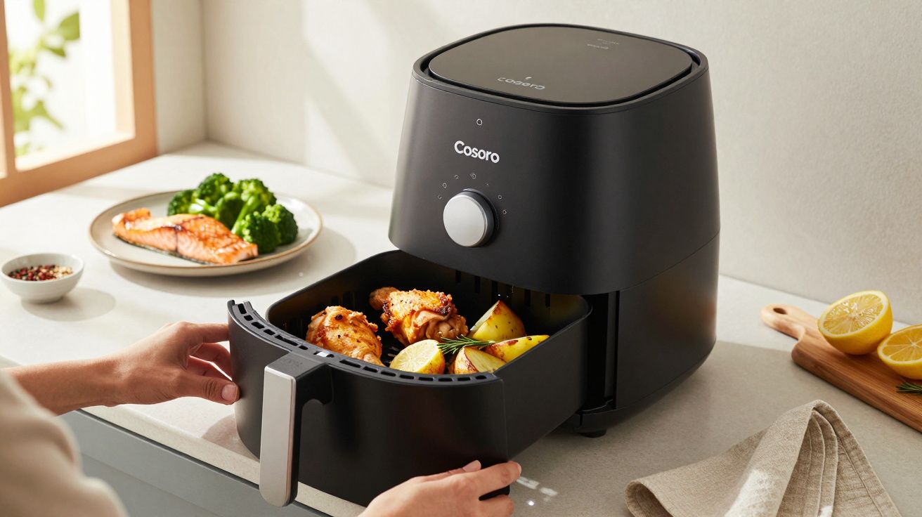 Una freidora de aire negra cocinando pollo y verduras. En la mesa hay salmón, brócoli, limones y una servilleta beige.