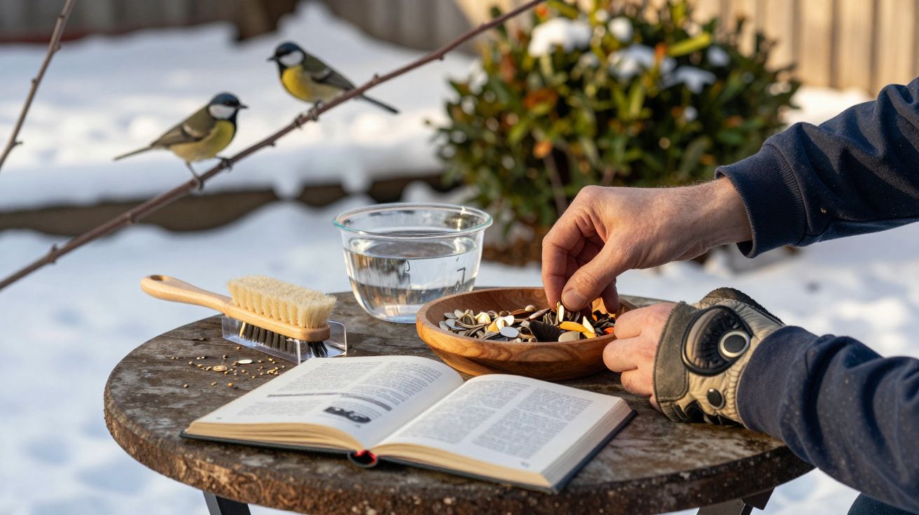 Mano poniendo semillas en un cuenco sobre una mesa con un libro abierto, un cepillo, un vaso de agua y un par de pájaros.
