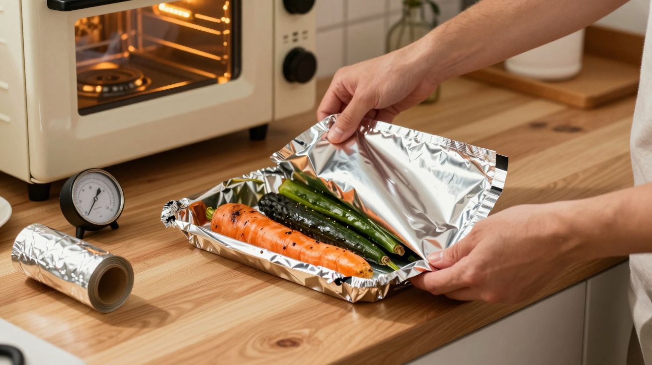 Persona cubriendo verduras en papel de aluminio en la cocina, con un horno y un termómetro sobre la encimera.