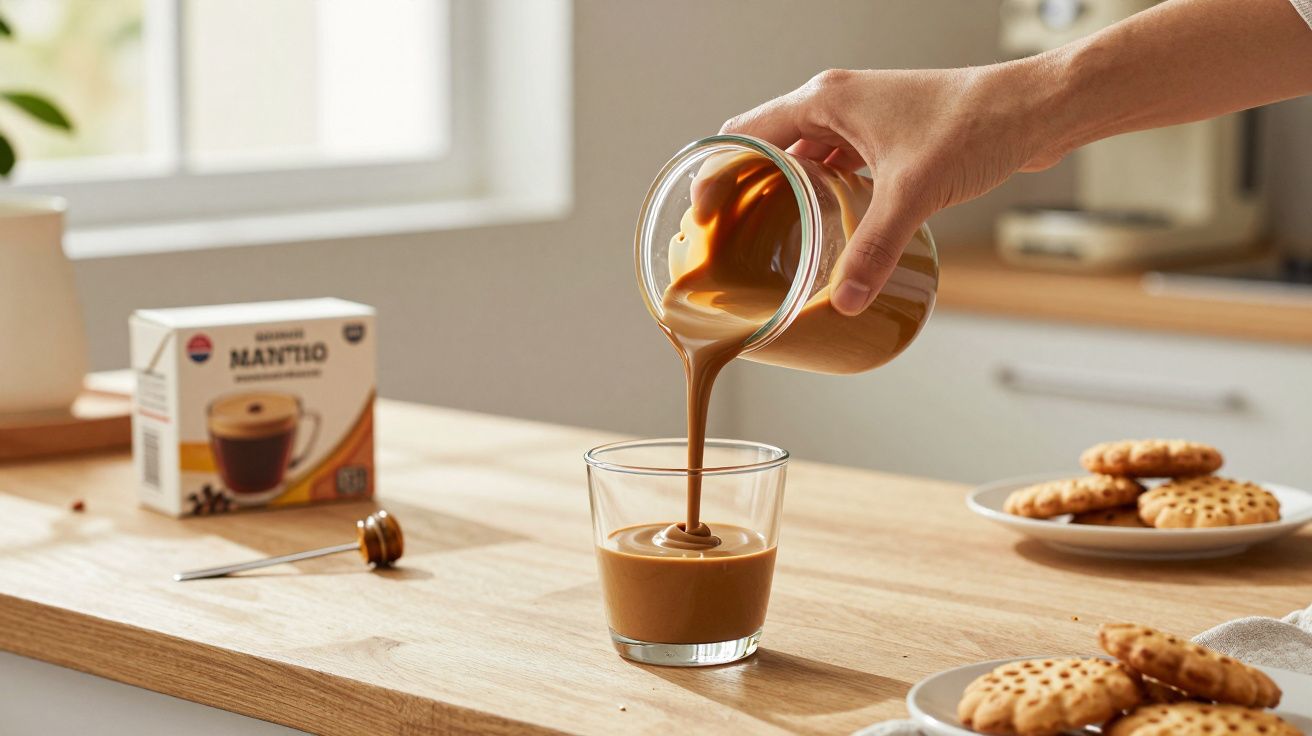 Mano vertiendo café en un vaso en la cocina, con galletas en un plato y caja de café al fondo.