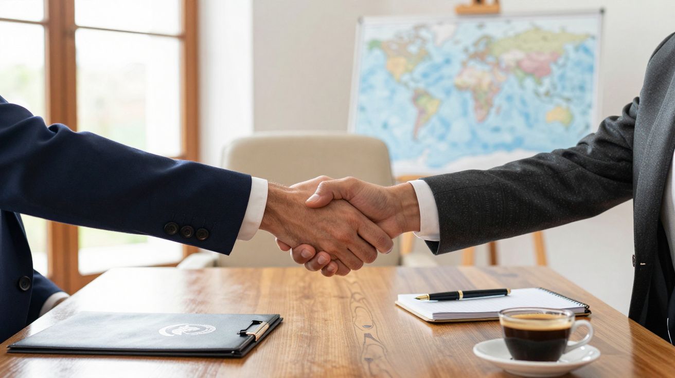 Dos hombres de negocios dándose la mano en una reunión, con un mapa mundial al fondo sobre la pared.