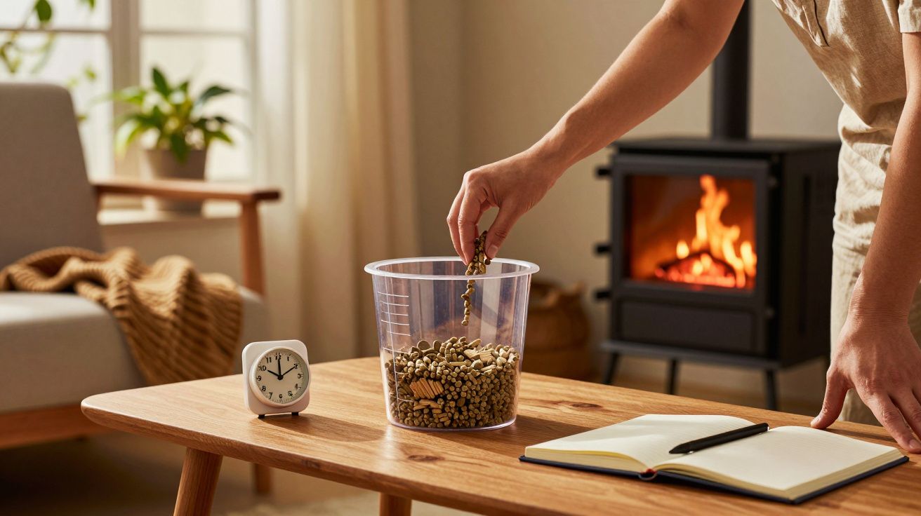 Persona añadiendo pellets a un cubo en una sala con chimenea, reloj y cuaderno sobre la mesa.